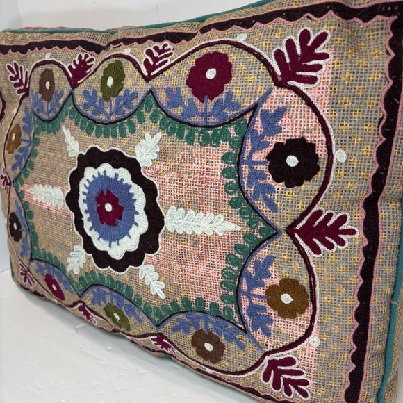 Karma Living Boho Colorful Floral Embroidered Throw Pillow 21x13” Made In India - Picture 4 of 8